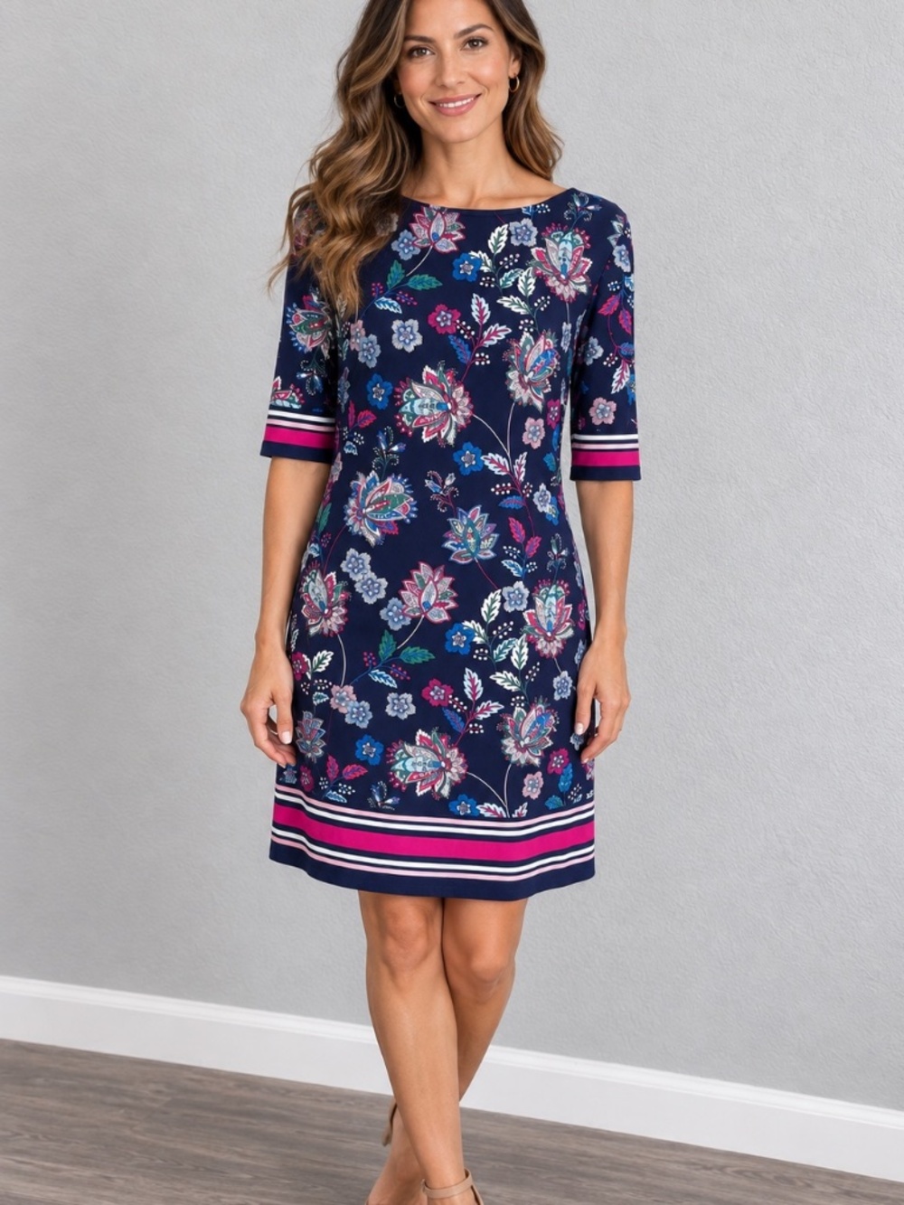 Eliza J Navy Blue Pink Floral Print Sheath Shift 3/4 Sleeve Dress Size 4